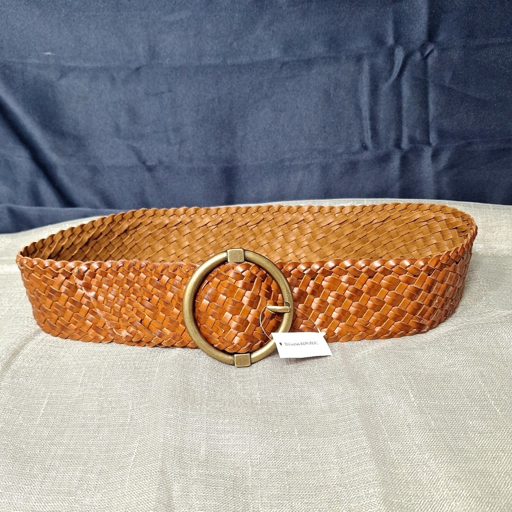 Banana Republic Cognac Brown Woven Leather Belt M Med Round Brass Buckle Braided